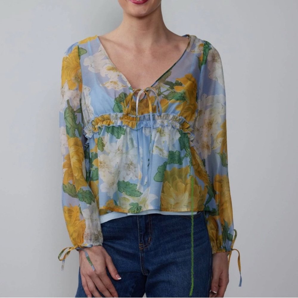 🎊 NEW YORK & COMPANY Floral Tie Sleeve Organza Baby Doll Blouse - Picture 1 of 6
